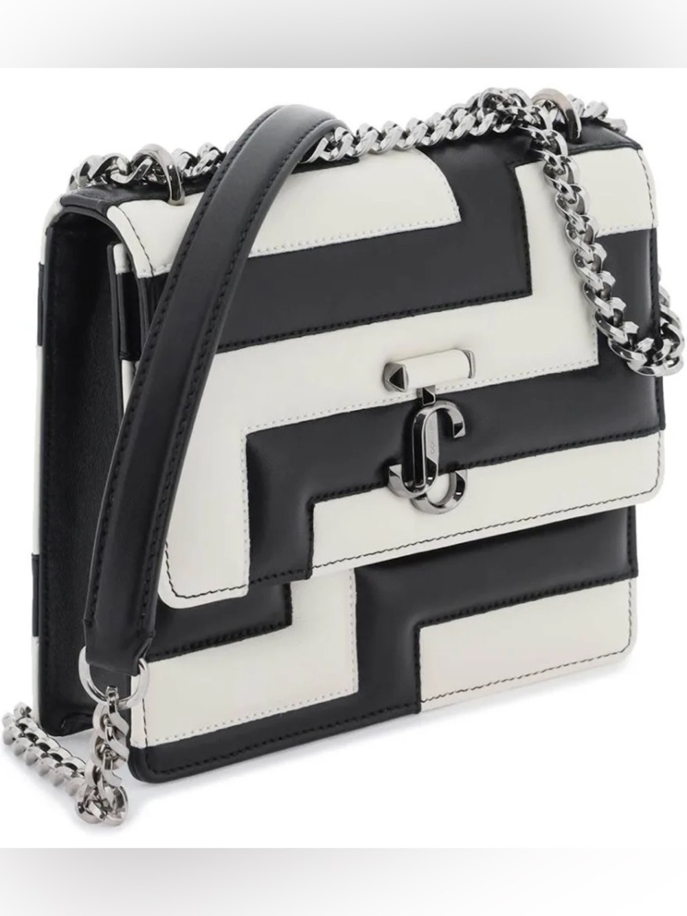 Jimmy Choo Avenue Quad Black and White Quilted Leather Chain Crossbody